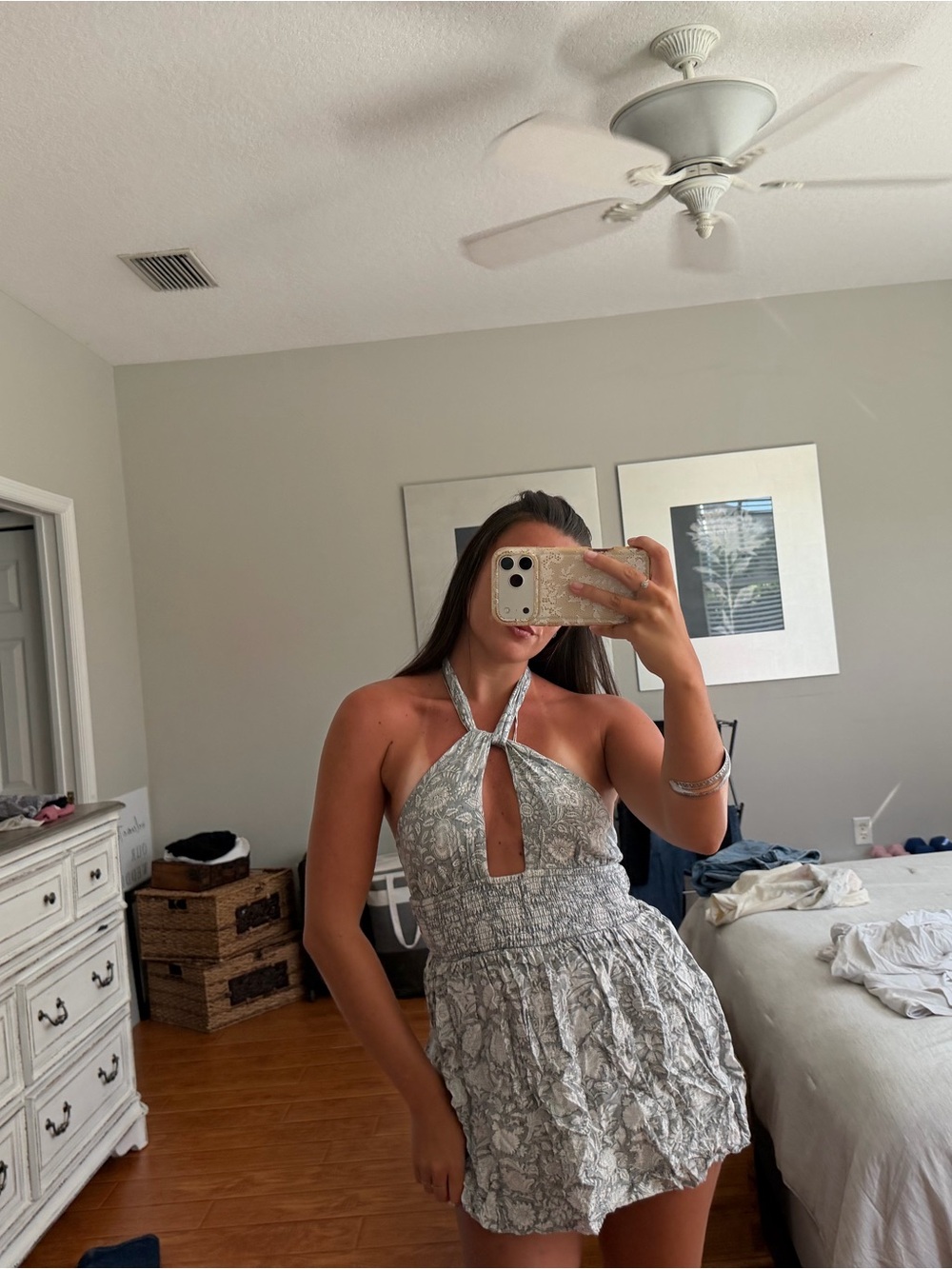 Halter-Neck Smocked Mini Dress in Light Gray Floral